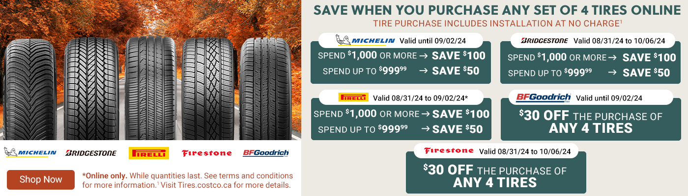 SAVE WHEN YOU PURCHASE ANY SET OF 4 TIRES ONLINE.